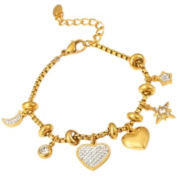 Star Heart 18K Gold Stainless Steel Waterproof Charm Slider Bracelet - Picture 6 of 9
